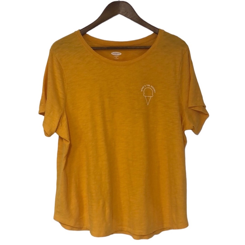 Old Navy Short Sleeve Yellow Cotton Graphic T-Shirt Curved Hem Size XXL